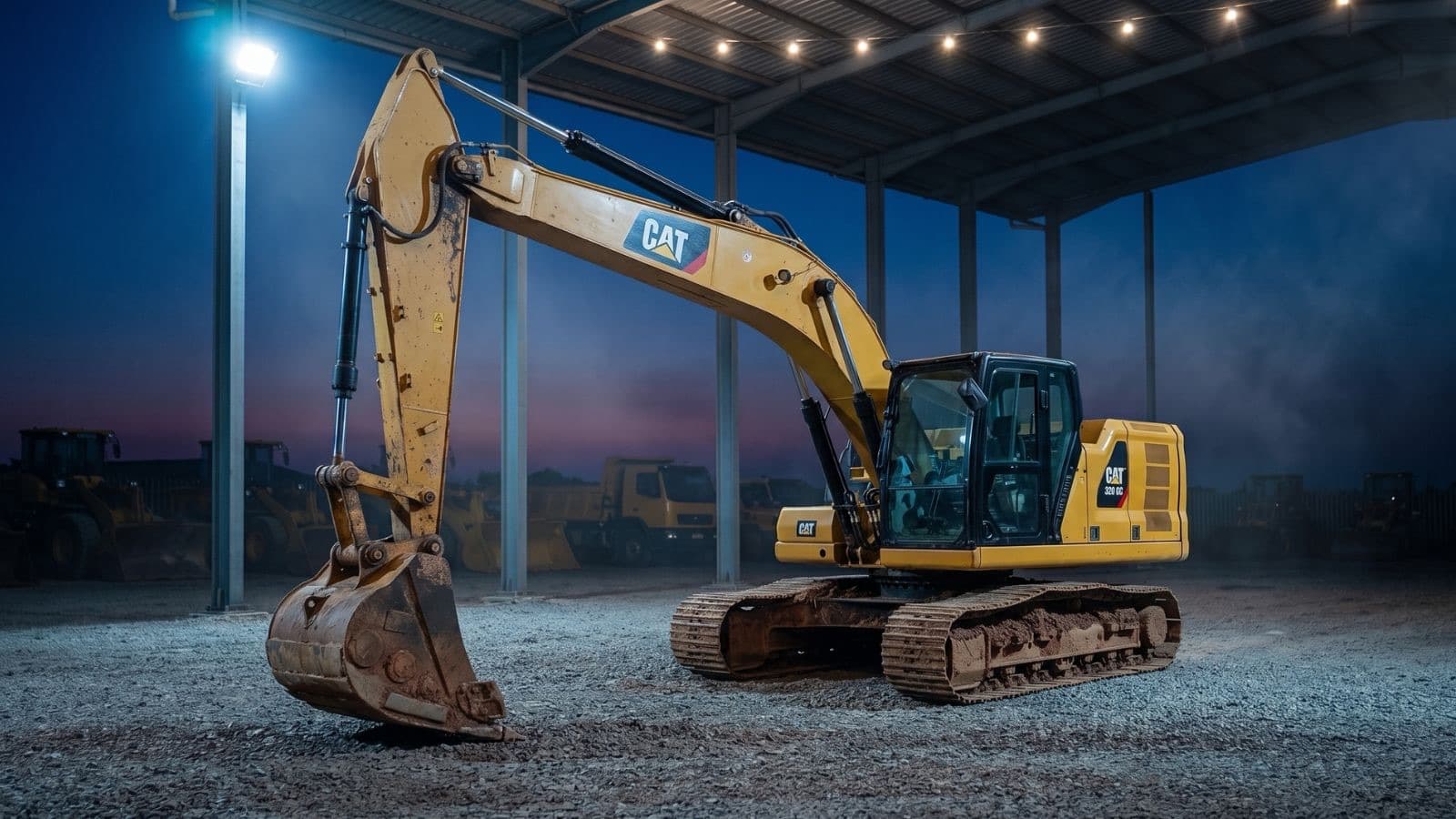 Caterpillar excavator under lights at the SMT yard